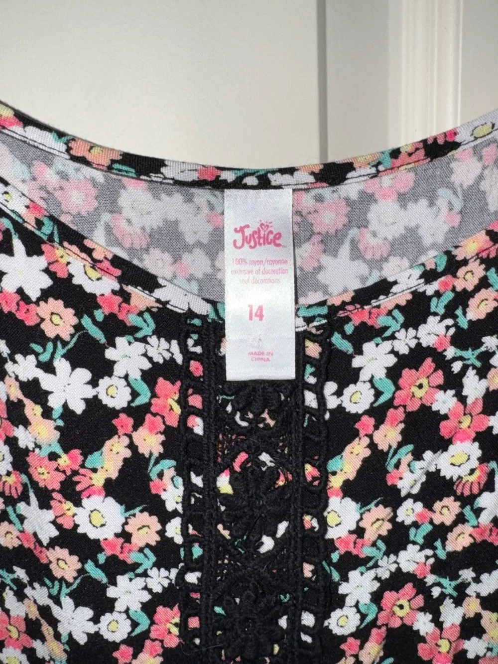 Justice Black Floral Lace-Trim Camisole with Pink & White Flowers
